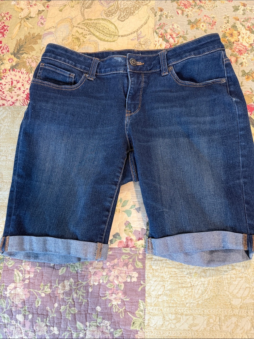 Time and Tru Dark Blue Rolled-Hem Denim Bermuda Shorts